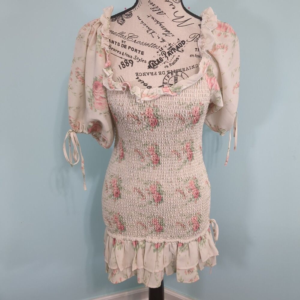 For Love Bell Smocked Floral Ruffle Mini Dress medium Cottage Core Fairy Y2k